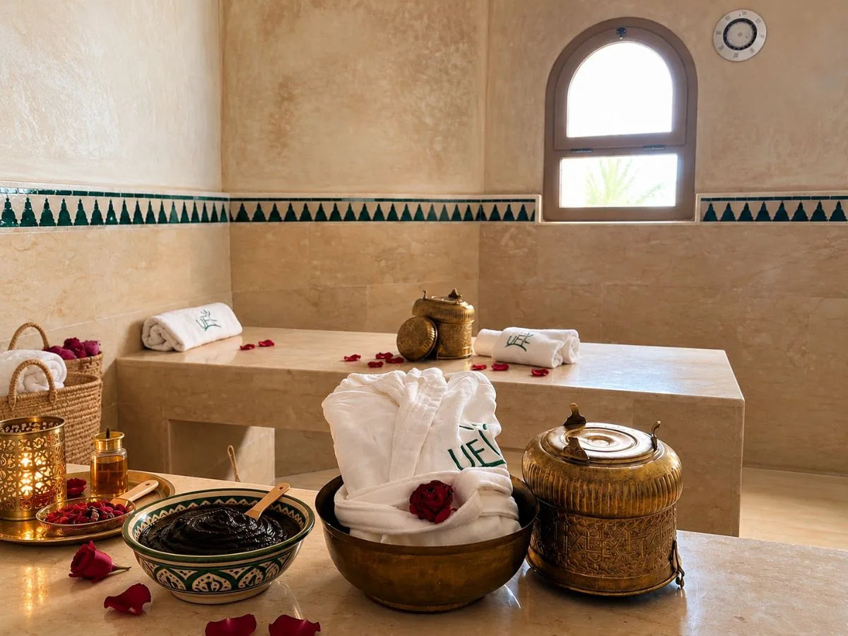 Savon noir, huile d’argan et peignoir préparés pour un rituel de hammam à Marrakech